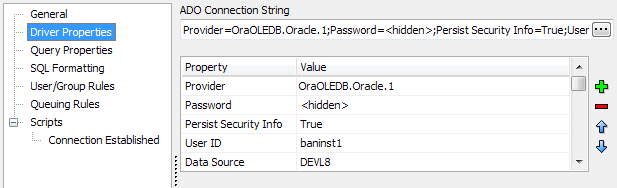 Database driver: ADO.  ADO Connection String: Provider=OraOLEDB.Oracle.1;Password=<hidden>;Persist Security Info=True;User (truncated).  Property/Value table: Provider: OraOLEDB.Oracle.1; Password: <hidden>; Persist Security Info: True; User ID: baninst1; Data Source: DEVL8.